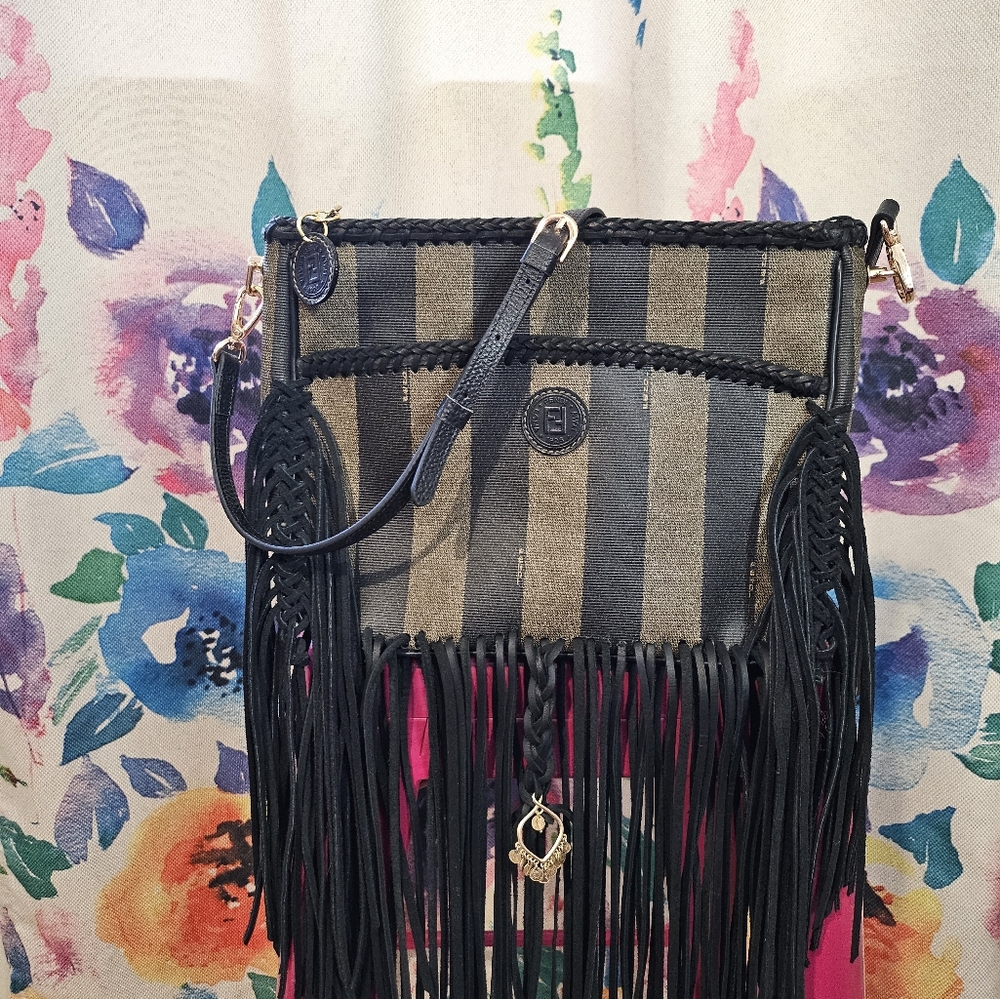 Fendi Black and Tan Striped Fringe Crossbody Bag
